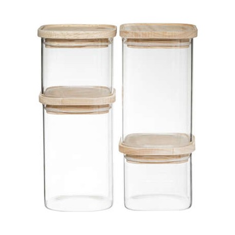 BOCAL VERRE+BOIS HERMET SET 4PIECES