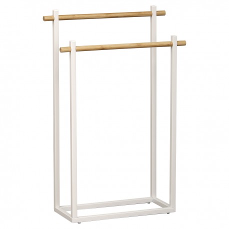 PORTE SERVIETTES METAL BLANC STRUCTURE RECTANGULAIRE BARRES EN BAMBOU